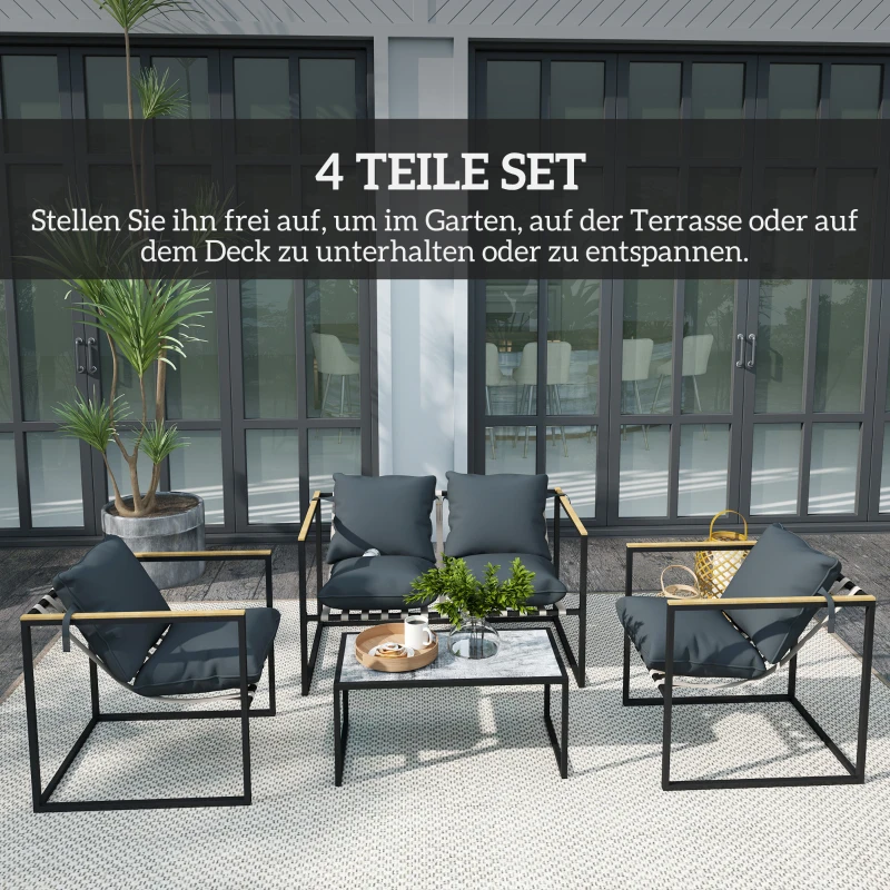 Outsunny 4-delig tuinmeubelset, outdoor meubelset, 2 fauteuils, 2-zitsbank, 1 tafel, gestoffeerd, staal, polyester, grijs