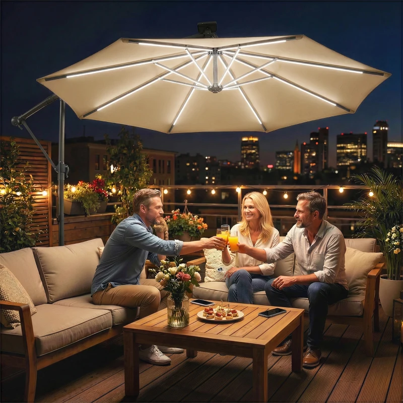 Outsunny 3 m Garden Cantilever Parasol with LED Solar Light, Round Overhanging Umbrella with 360° Rotation, Cover, Khaki