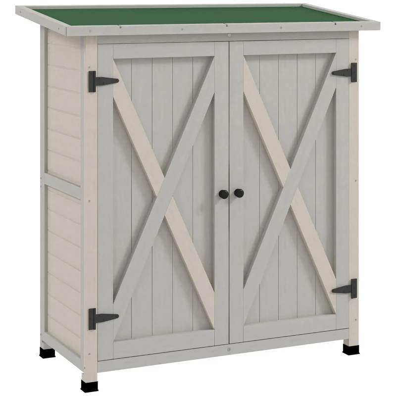 Outsunny Houten Opbergkast met 2 Deuren, Tuinschuur met Asfaltdak, 110 x 55 x 117 cm, Lichtgrijs