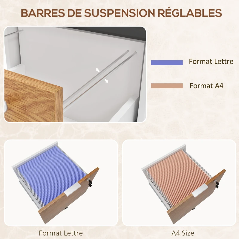 HOMCOM Caisson de bureau, meuble de rangement 2 tiroirs 2 barres pour dossier suspendu, verrouillable avec 2 clés 42x40x60 cm