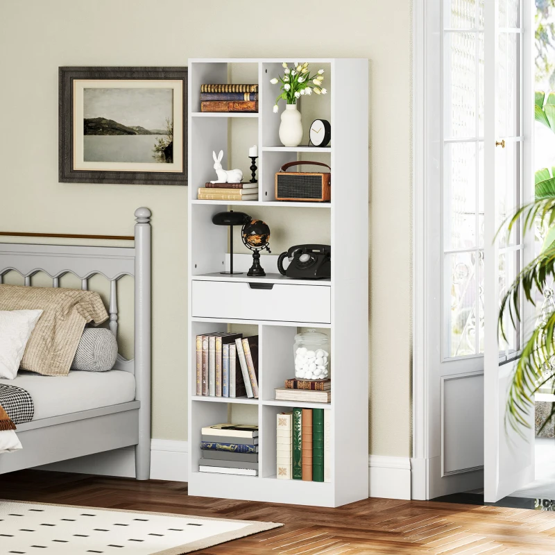 HOMCOM Boekenkast, Multifunctioneel rek, 9 vakken, Lade, Kantelbeveiliging, 60 x 26 x 158 cm, Wit(m-7)