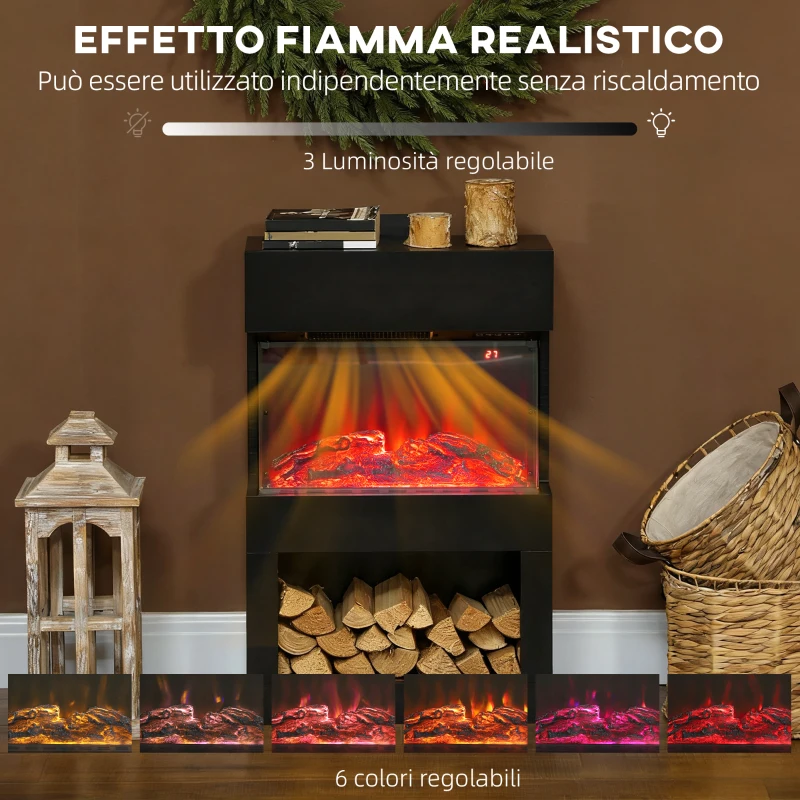 HOMCOM Camino Elettrico con Effetto Fiamma 3D Colorata, 1000W/2000W con Temperatura Regolabile e Telecomando, Nero