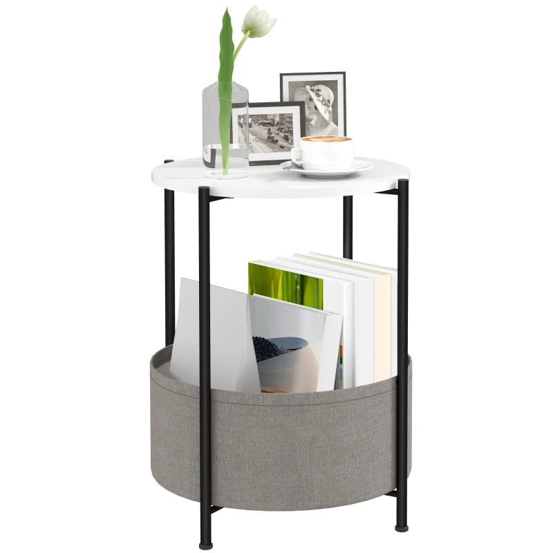 HOMCOM Ronde Bijzettafel met Stoffen Mand, 2-Laags Koffietafel voor Woonkamer, Slaapkamer, Kleine Ruimtes, Metaal, Grijs+Wit