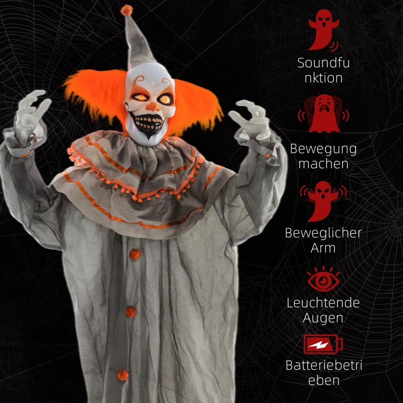 HOMCOM Halloween Decoratie Clown, Flexibele Armen, Geactiveerd door Aanraking/Geluiden, Lichtgevende Ogen