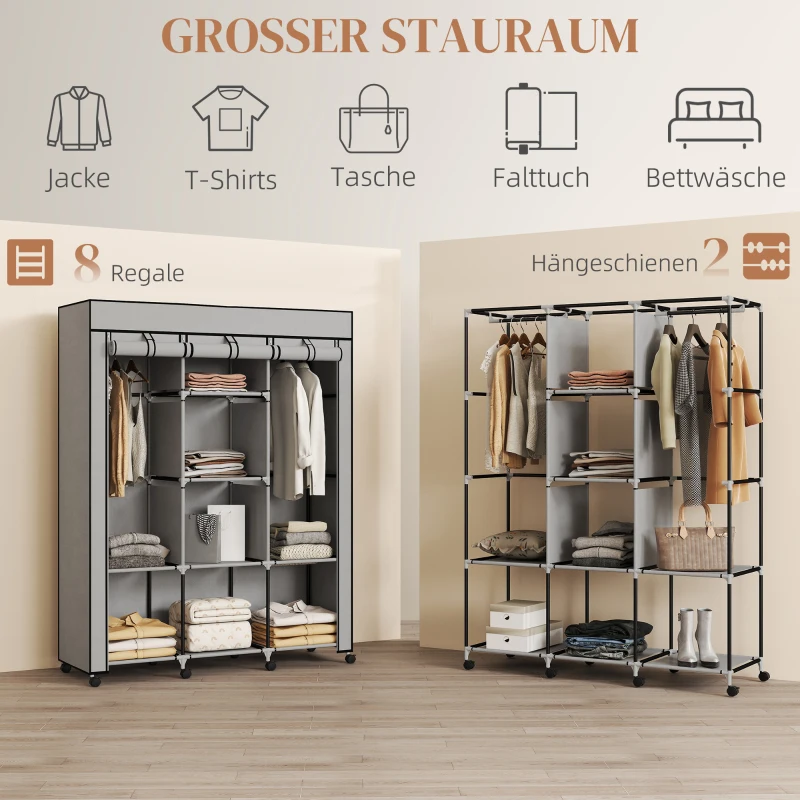 HOMCOM Kast van stof, opbergoplossing, 8 planken, 2 hangstangen, grijs