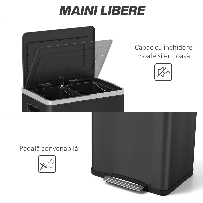 HOMCOM Coș de Gunoi cu 2 Secțiuni de 20L cu Capac Silențios, din Oțel Inoxidabil și PP, 40x34.8x59 cm, Negru