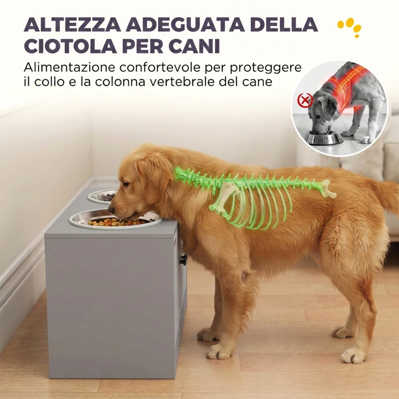 PawHut Portaciotole per Cani con 2 Ciotole da 2L in Acciaio Inox e Armadietto Inferiore, in Legno, 60x30x35.5 cm, Grigio