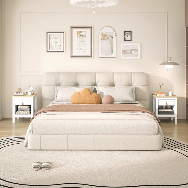 HOMCOM Mesilla de Noche con 1 Cajón Compartimento Abierto Tirador de PU Mesa Auxiliar para Salón Dormitorio 45x40x55 cm Blanco