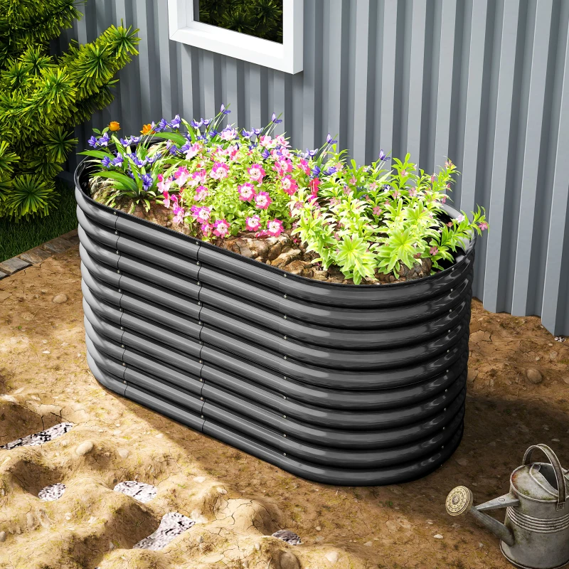 Outsunny Plantenbak, metalen bloembak met veiligheidsrand en handschoenen, open bodem, 160B x 80T x 80H cm, donkergrijs