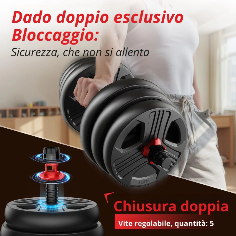 Set di manubri regolabile 5‑in‑1, set da 2, ammortizzante, salva-pavimento, anti-ruggine e inodore, 57,5x29x17,5 cm, Nero