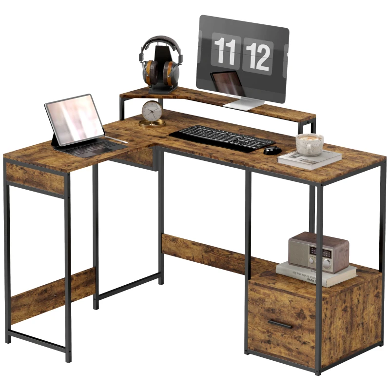 HOMCOM Industrial 'L' Shaped Multi-Work Desk - Brown