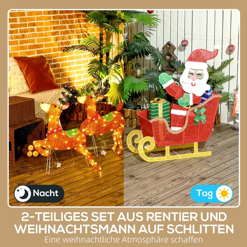 Outsunny Stralende Kerstdecoratie, Kerstman op Slee met Rendieren, 246 LED-Lampjes, Grondspiezen, Veelkleurig