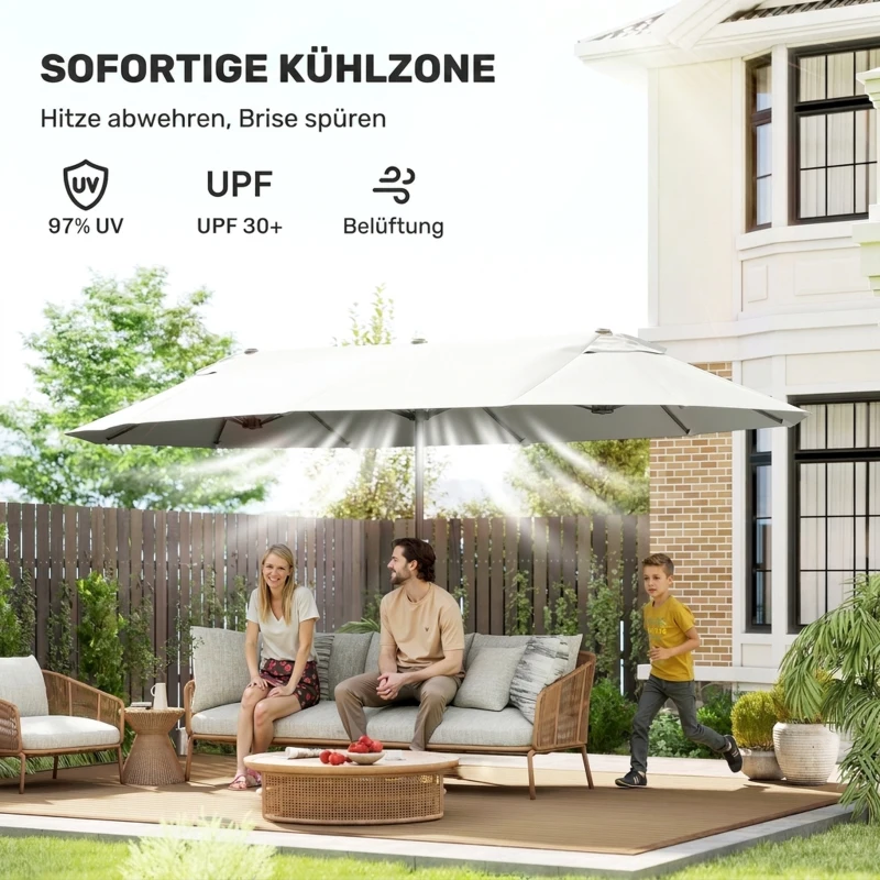 Outsunny dubbele parasol XXL Staal Polyester voor strand en tuin, ideaal voor gezin, Beige(m-5)