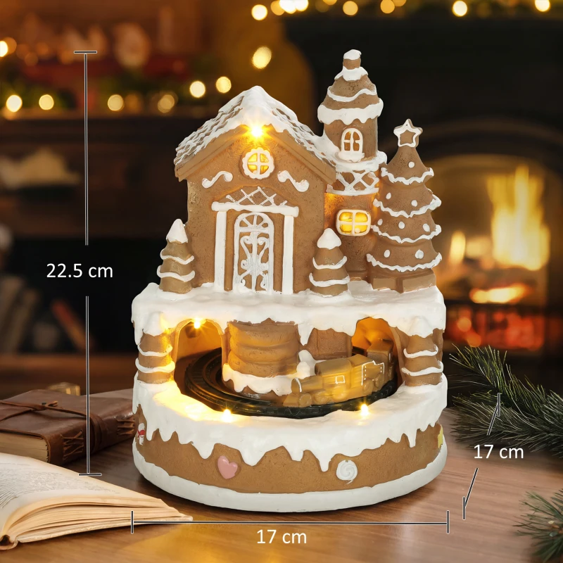 HOMCOM Christmas Gingerbread House, Lighted Musical Snow Village with Rotating Train, LEDs, Tunes, Battery Operated