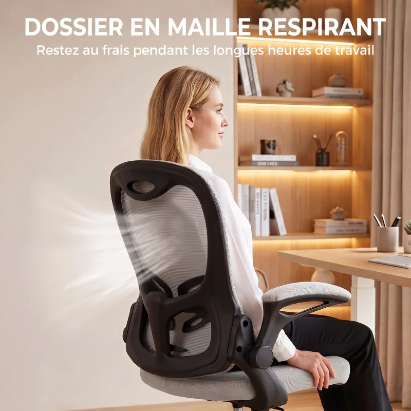 HOMCOM Chaise Bureau Ergonomique, Fauteuil de Bureau Maille, Accoudoirs Relevables, Hauteur Réglable, Fonction Bascule, Gris