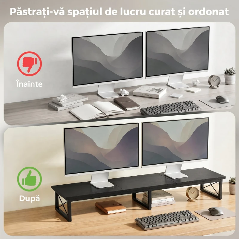 HOMCOM Suport Monitor Birou, Ridică din Lemn cu 2 Compartimente pentru Depozitare, Negru