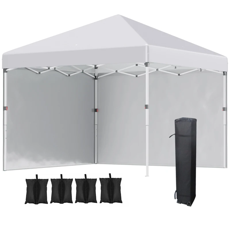 Outsunny Opvouwbare paviljoen met 2 zijwanden, verstelbare hoogte, inclusief draagtas, roestvrij stalen frame, 3x3 m, wit