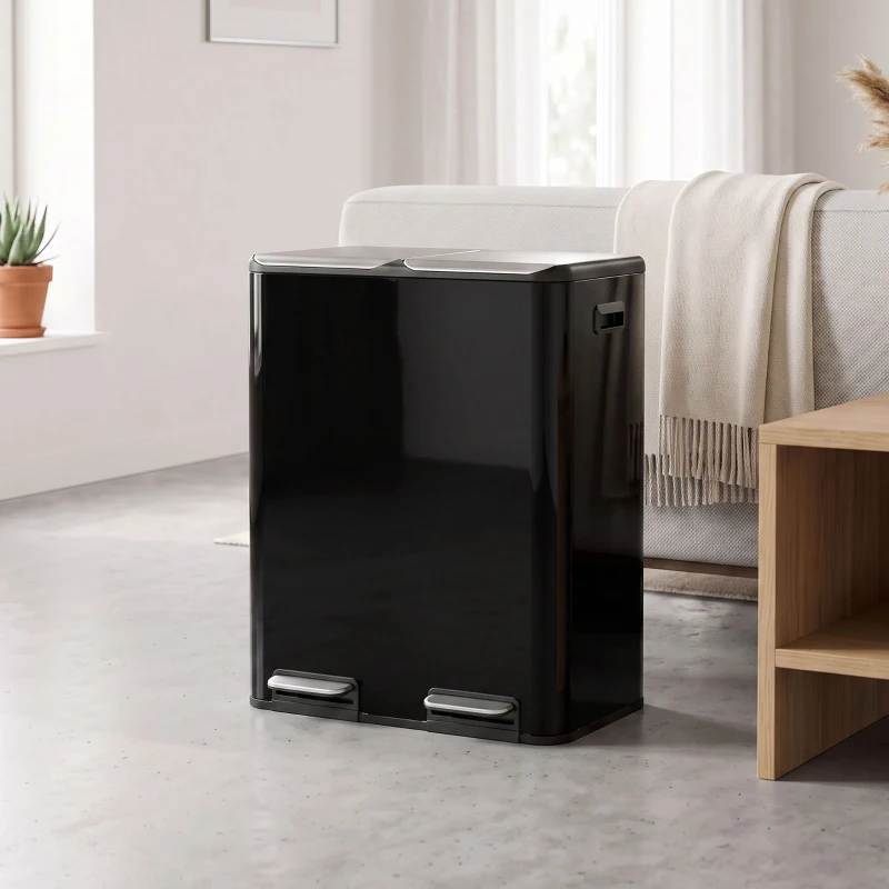 HOMCOM 2 x 30L Double Kitchen Bin, Stainless Steel Pedal Rubbish Bin with Dual Compartments, Soft Close Lids, High Gloss Black