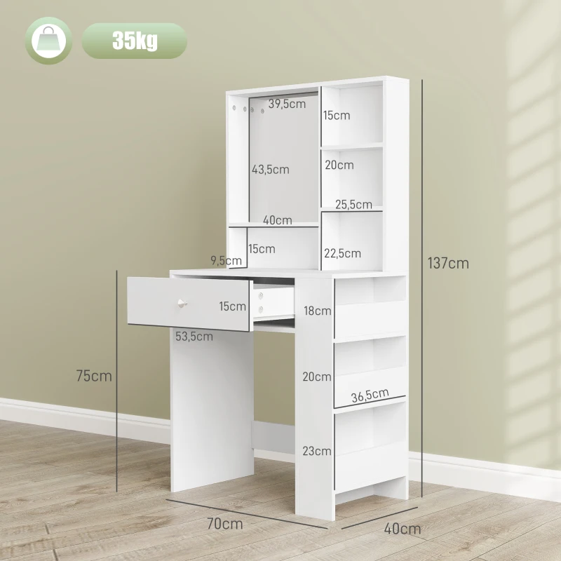 HOMCOM Kaptafel met Spiegel, Lade, 3-traps Zijopslag, Spaanplaat, Wit(m-3)