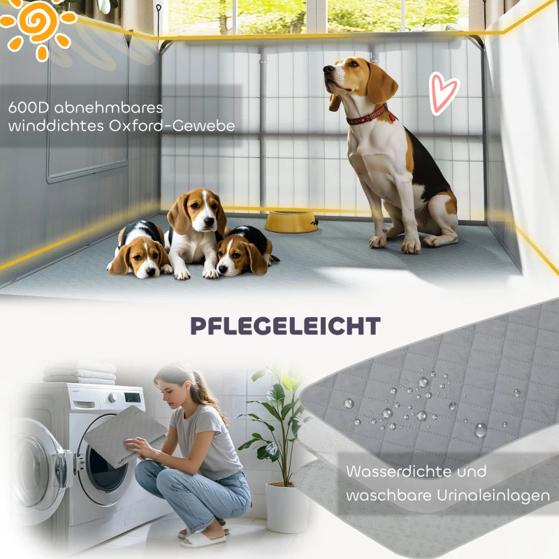 PawHut Werpkist voor puppy's, werpkist/puppyren met 7 panelen, 2 zones, wasbaar werpkussen, 203x102x60cm Zwart