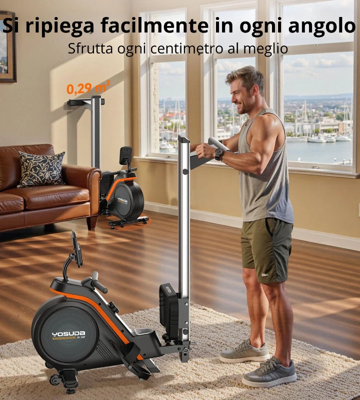 Vogatore magnetico, ultrasilenzioso, 16 livelli di resistenza, riponibile/pieghevole, 134x48x83 cm, Nero