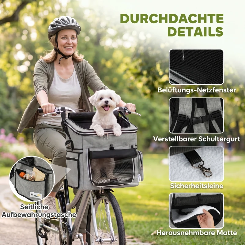 PawHut Hondenmand voor op de Fiets Voorop Draagbaar Hondenfietskorf met Veiligheidslijn Kussen Kom voor Kleine Honden tot 5 kg Lichtgrijs