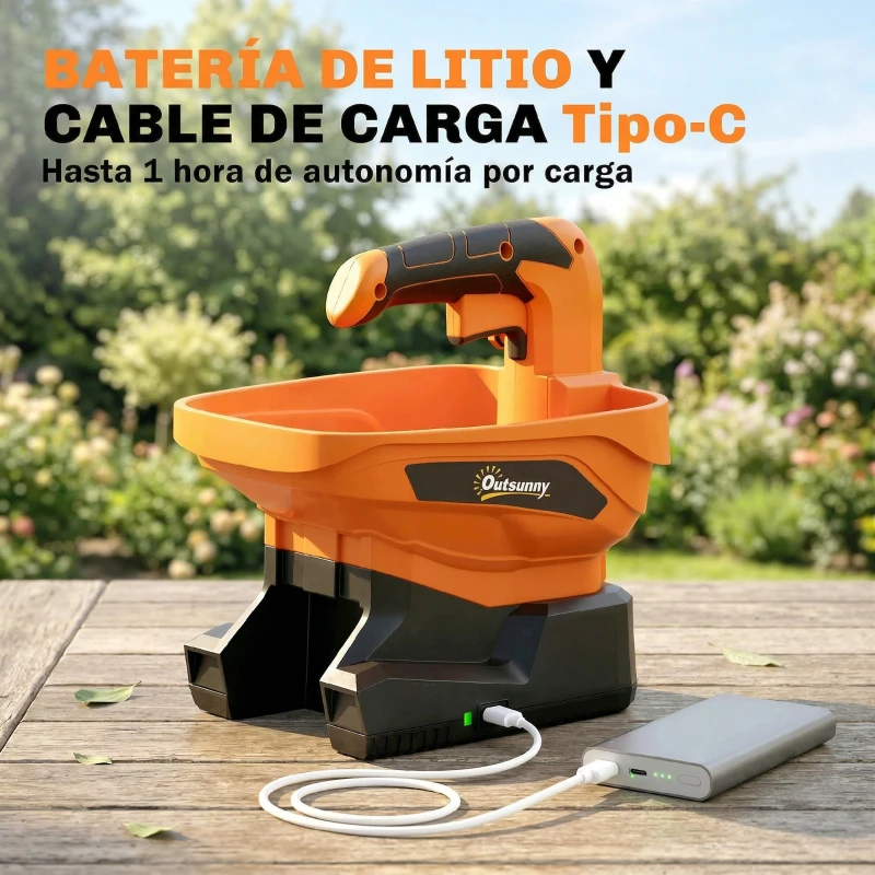 Outsunny Esparcidor Portátil 3,3 L 8 Niveles de Flujo Ancho Dispersión Ajustable Puerto USB para Césped Sal hasta 800 m² Naranja