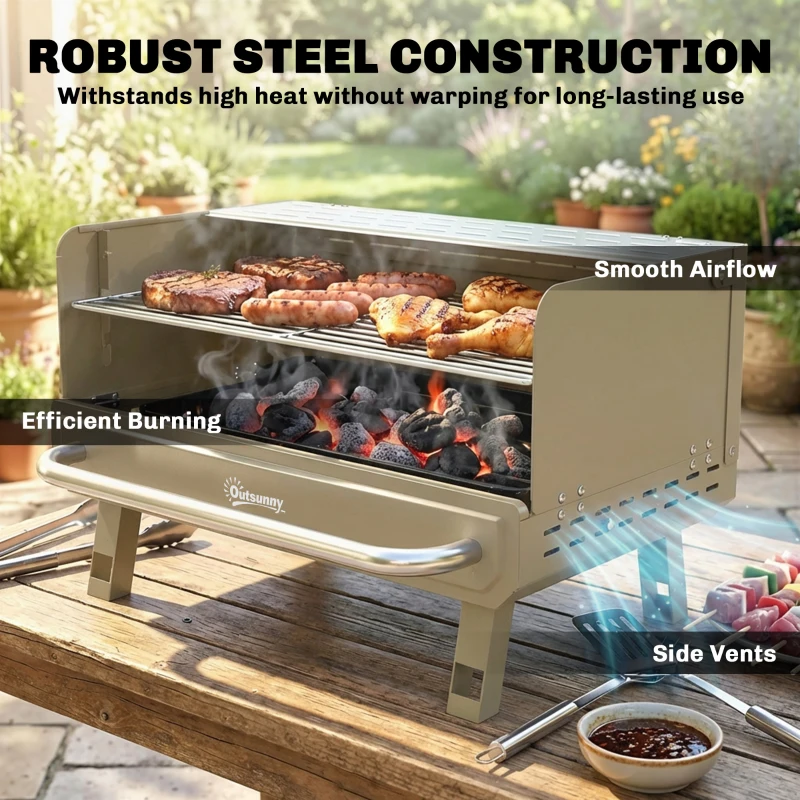 Outsunny Portable BBQ Grill, Charcoal Barbecue Grill with Adjustable Grates, Foldable Legs, Side Shelf for Camping Travel, Khaki