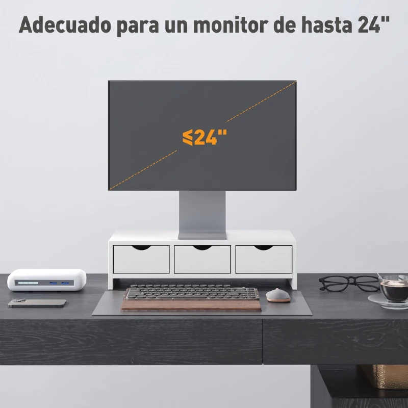 HOMCOM Elevador Monitor, Soporte para Monitor Escritorio con 3 Cajones para PC Portátil 51x24x13 cm Blanco
