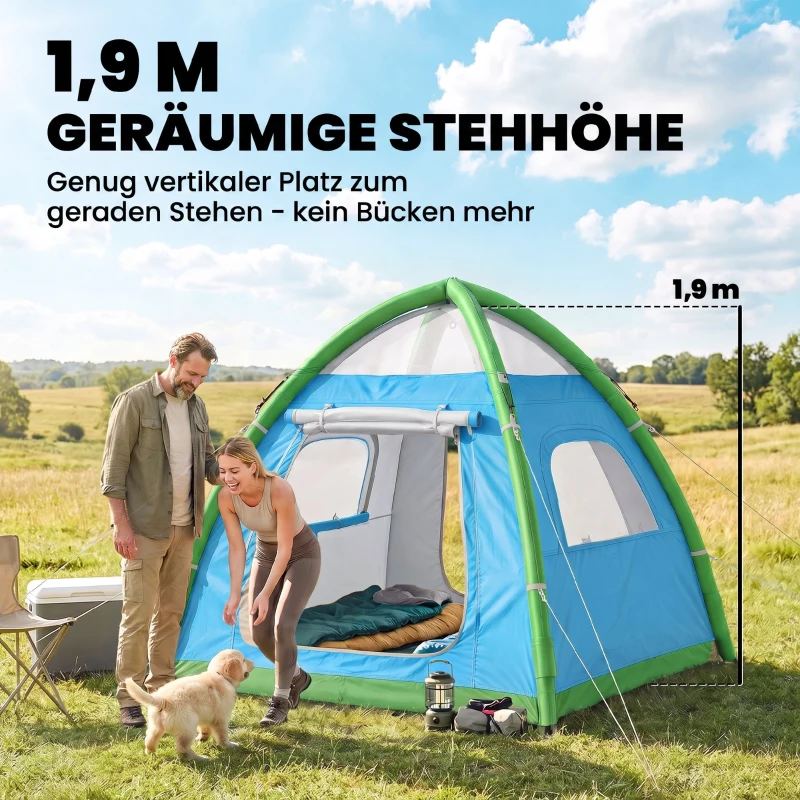 Outsunny Aufblasbares Zelt 2-3 Pers. Schneller Aufbau Outdoor Camping Zelt mit Luftpumpe Meshfenster abnehmbar Dach