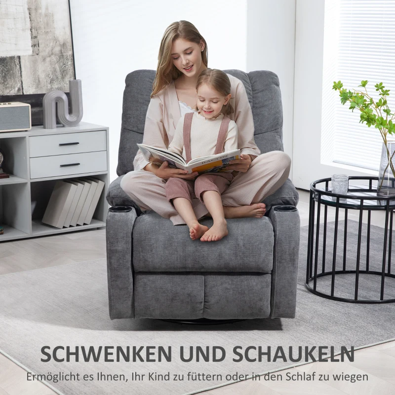 HOMCOM Relaxfauteuil met voetsteun, ligstoel, draaibaar, tot 150 kg, stalen frame, 88x96x108 cm, donkergrijs(m-5)