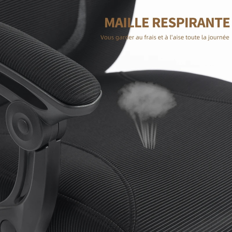 HOMCOM Chaise bureau ergonomique, fauteuil de bureau en maille avec appuie-tête réglable, support lombaire, 64x64x124cm, noir