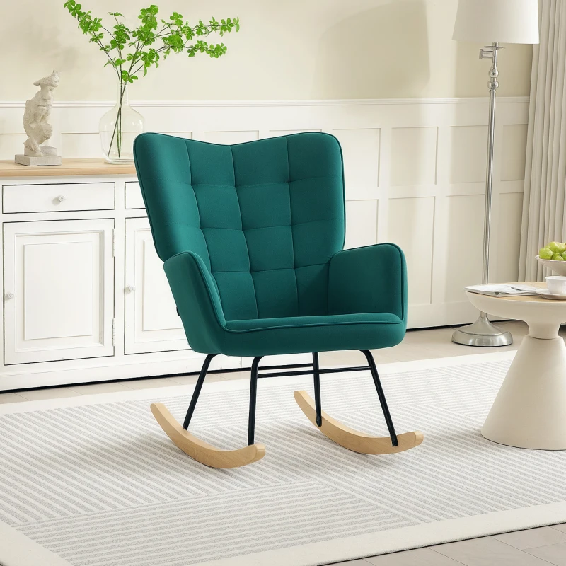 HOMCOM Fauteuil à bascule rocking chair revêtement en velous structure en acier 71 x 98 x 101 cm Vert