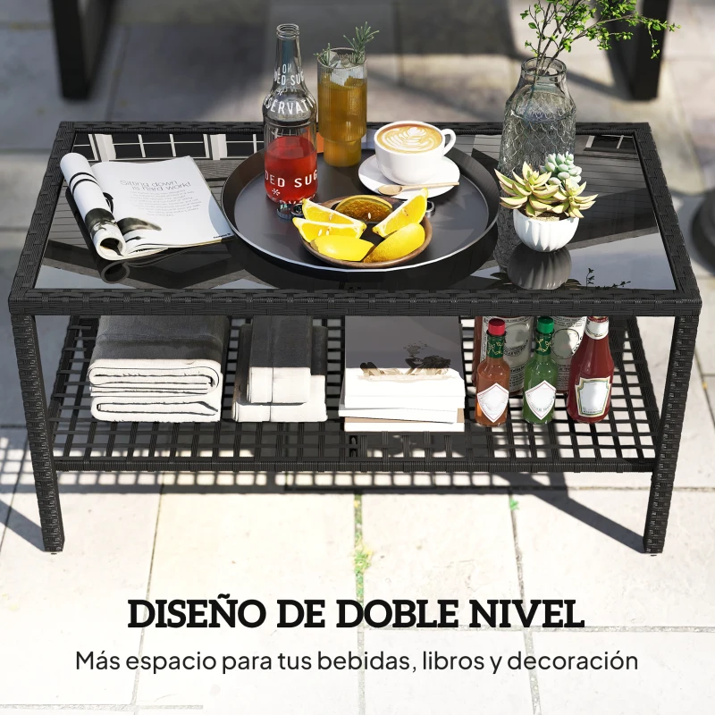 Outsunny Mesa de Jardín de Ratán Mesita Auxiliar con Estante Tablero de Vidrio Templado Estructura de Acero 92x50x45 cm Negro