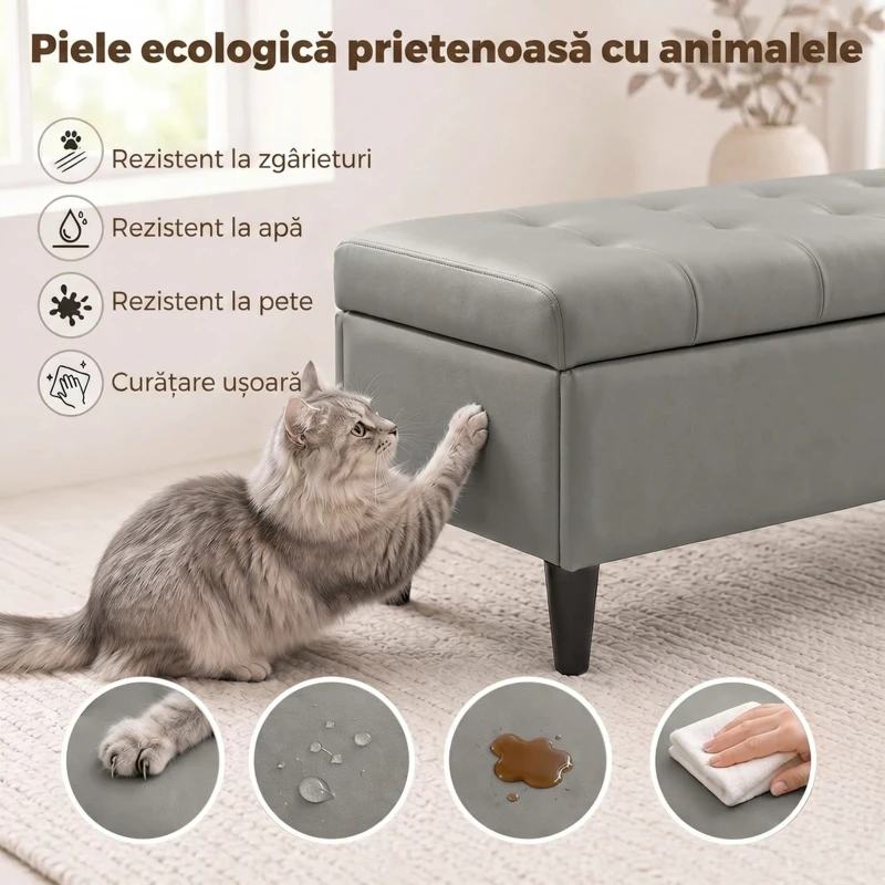 HOMCOM Bancă cu depozitare 136 L, 110x41x42 cm, piele ecologică potrivită pentru animale de companie, gri