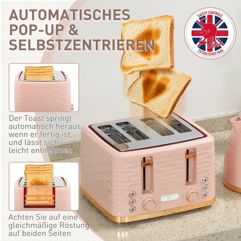 HOMCOM 2-in-1 Toaster en Waterkoker Set, 7 Bruiningsniveaus, Onthouden en Opwarmfunctie, Roze