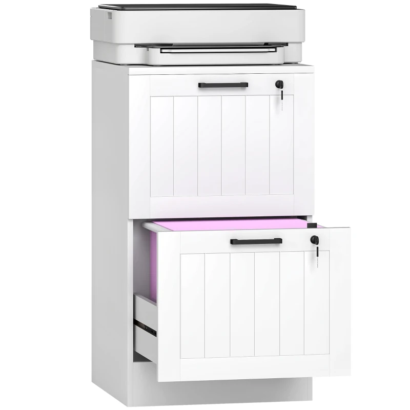 HOMCOM Caisson bureau, meuble rangement bois 2 tiroirs et serrure, barres de suspension réglables, 40 x 40 x 71 cm, blanc