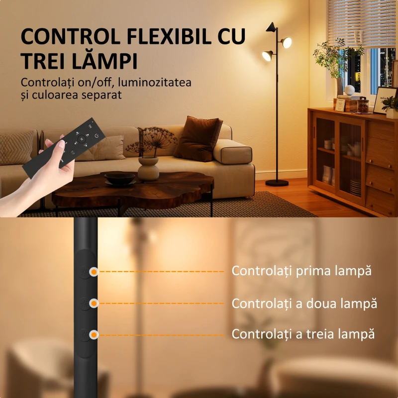 HOMCOM Lampă de Podea cu 3 Capete Reglabile Independent, Telecomandă și Timer, din Oțel și Plastic, Ø25x170 cm, Negru