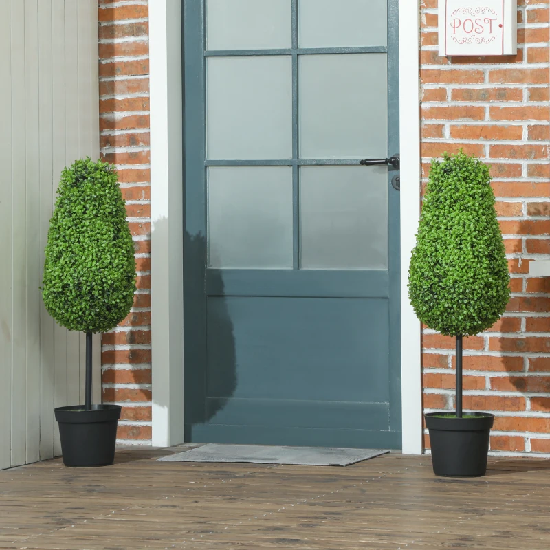 HOMCOM Set van 2 Kunstmatige Buxus 90cm Kunstplant in Traanvorm, Plastic Kunstplanten in Pot Moderne Decoratie