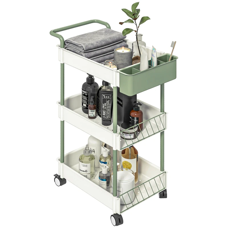 HOMCOM Trolley, 3 verdiepingen, hangmand, duwhandgreep, 4 wielen, metalen frame, wit, 50 x 29,4 x 77 cm