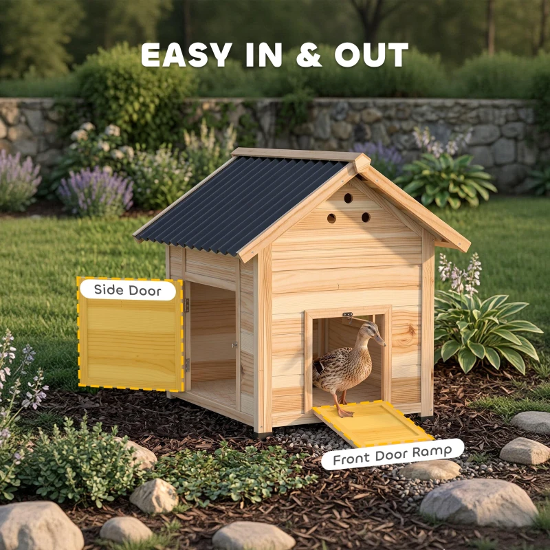 PawHut Wooden Duck House with Double Doors, Openable Roof, Ventilation Holes, Removable Base, Natural Wood Finish