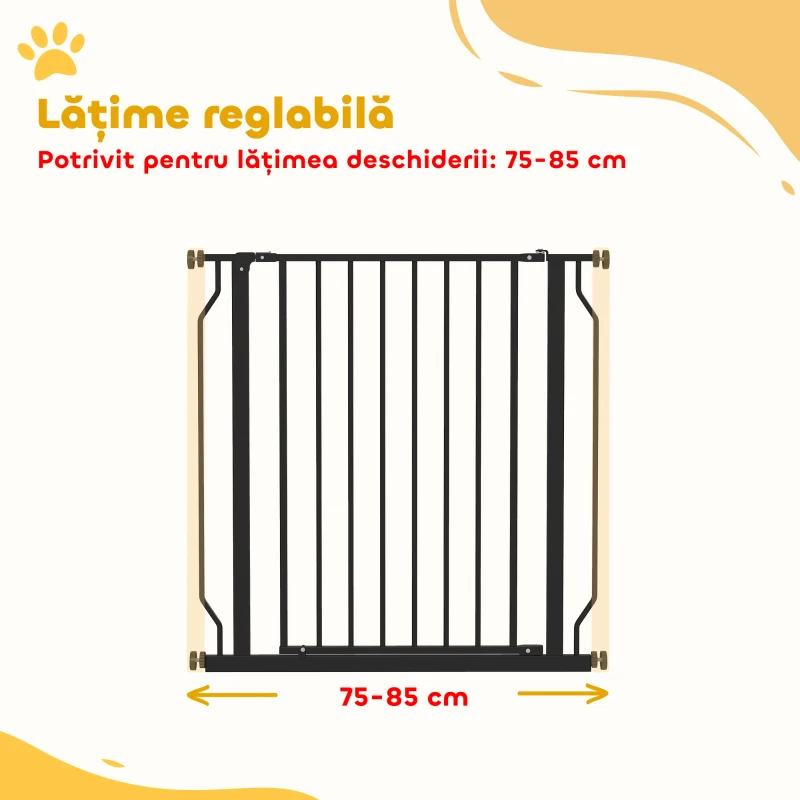 PawHut Poartă Extensibilă și Reglabilă pentru Câini, pentru Scări și Uși, din Oțel și ABS, 75-85x76 cm, Neagră
