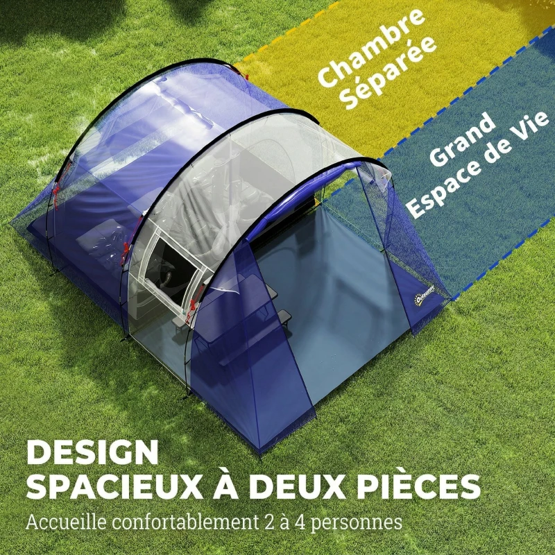 Outsunny Tente de Camping pour 4 Personnes, 2 Chambres, Imperméable 3000mm, avec Tapis de Sol et Sac, 420x300x200cm, Bleu Foncé