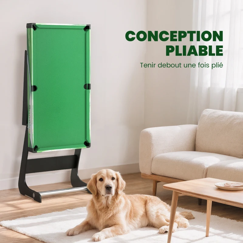SPORTNOW Table de billard pliable avec accessoires 2 queues, 16 billes, traingle, craie, dim. 104L x 55,5l x 68H cm, tapis vert