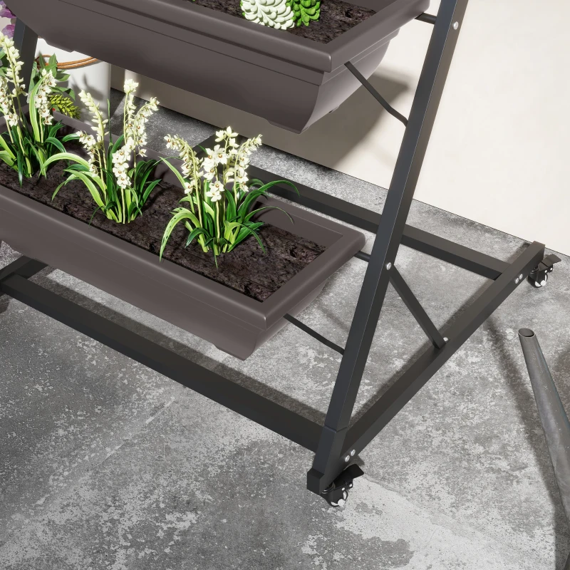 Outsunny 5-laags plantenrek, 145 cm hoog bloementoren met wieltjes en potten, stalen plantenplanken Bruin