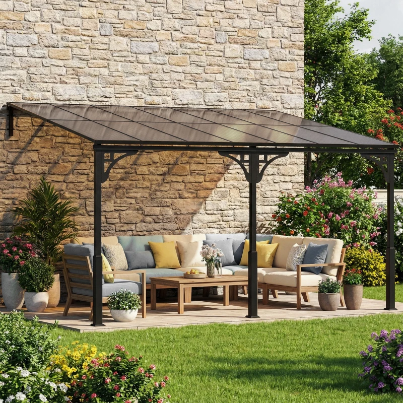 Outsunny 4 x 3 m Metal Lean-to Pergola, Wall-Mounted Garden Pergola with Polycarbonate Roof and Metal-Aluminium Frame, Heavy Duty Hardtop Gazebo for Outdoor Patios, BBQ, Brown