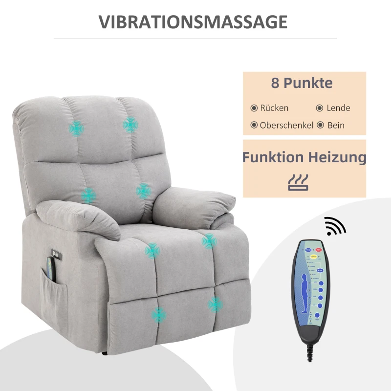 HOMCOM massagestoel opstahulp relaxstoel met verwarmingsfunctie verstelbare hoek USB afstandsbediening kort pluche grijs 83 x 95 x 105 cm(m-6)