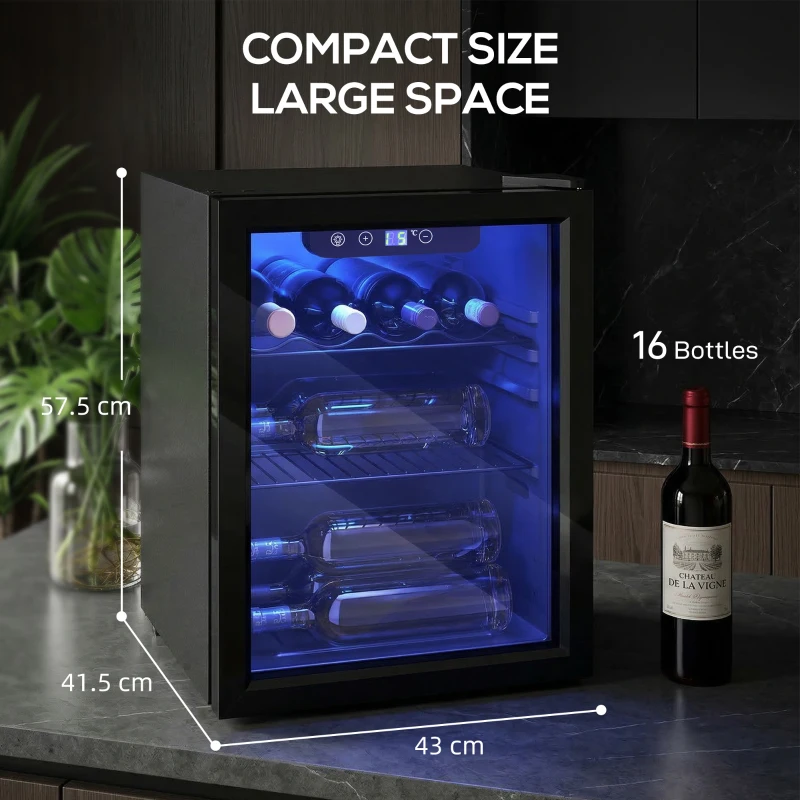 HOMCOM 16 Bottle Wine Cooler, 48 Litre Capacity, 4-16°C Tabletop Counter Drinks Wine Fridge with Glass Door, LED Light, Black