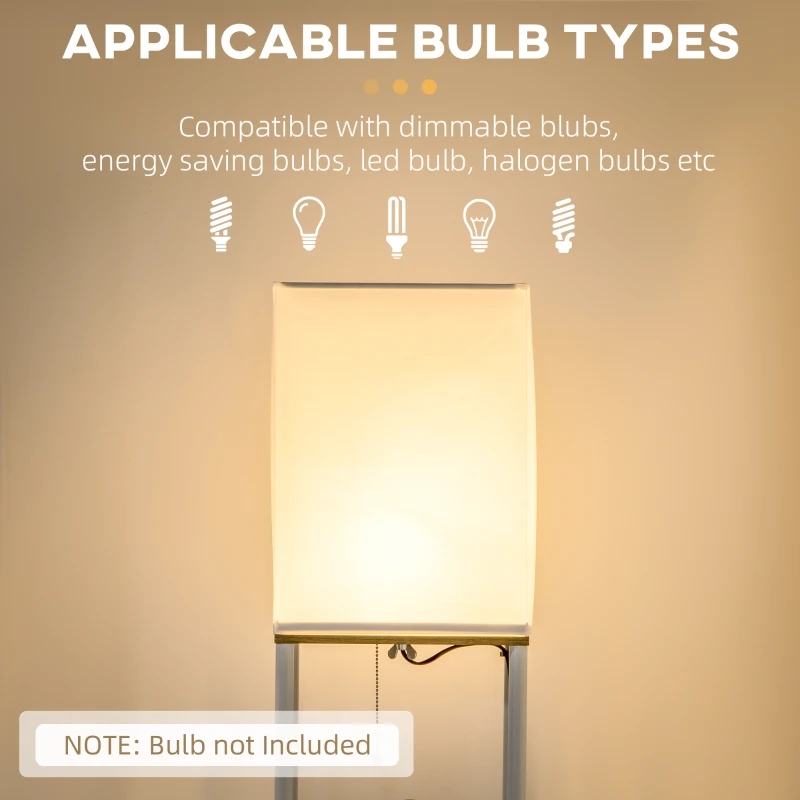 HOMCOM Modern Metal Floor Lamp with Shelves, 3 Layer Shelf Tall Standing Lamp with Fabric Lampshade, Pull Chain Switch for Living Room, Bedroom, Bulb not Included, White