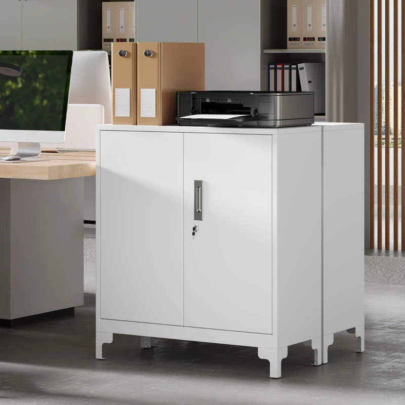HOMCOM Lockable Metal Filing Cabinet, 2-Tier Storage Cupboard with Double Doors, Modern Office Organiser, White